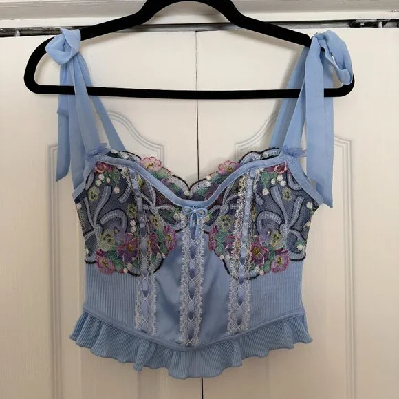 Blue Floral Embroidered Corset Top – Lace Trim Ribbon Tie Cami - Picture 2 of 9